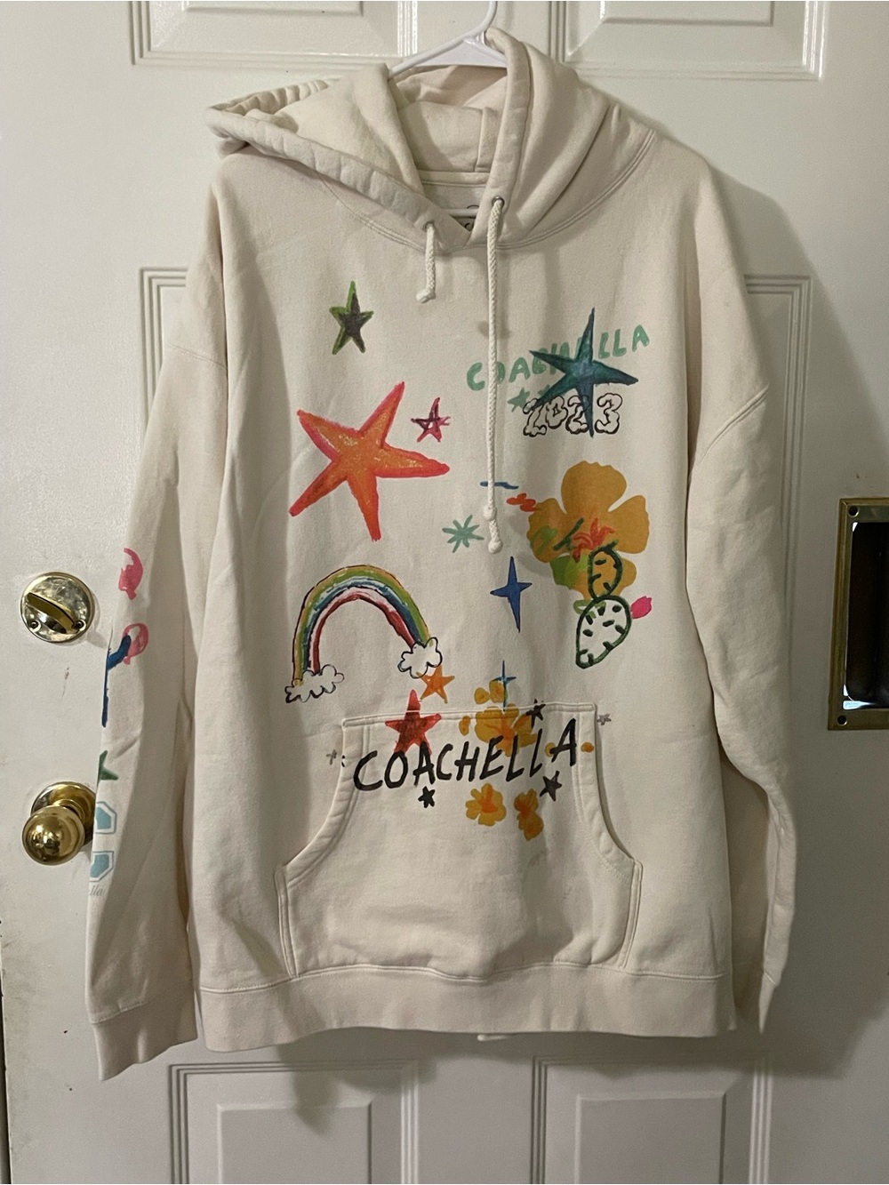 Coachella Graphic Cream Hoodie with Colorful Star & Rainbow Prints